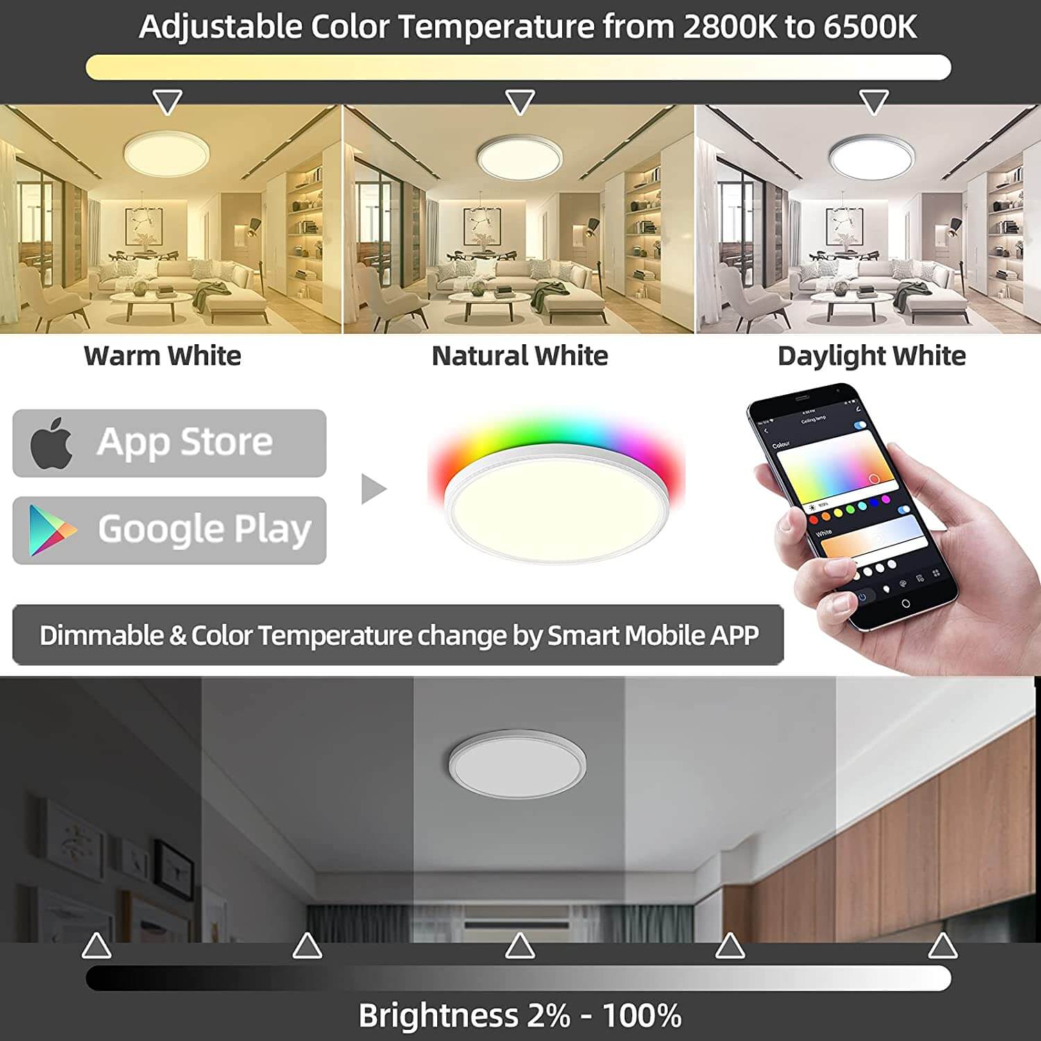 Panel de montaje empotrado LED RGB-CW inteligente con control remoto inteligente de 12 pulgadas y 2,4 G, 24 W, 3000 lm, listado ETL Energy Star 