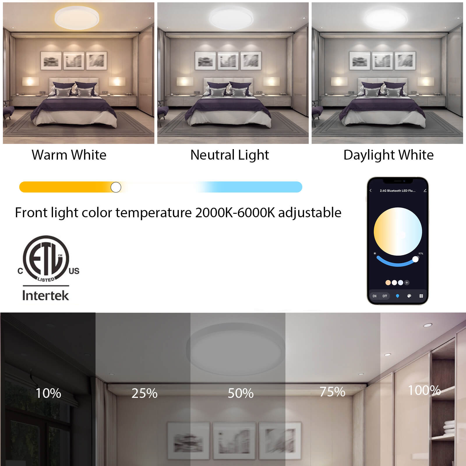 12 pulgadas 2,4G control remoto inteligente + Panel de montaje empotrado LED Bluetooth 24W 3000LM ETL Energy Star listado luz de techo interior