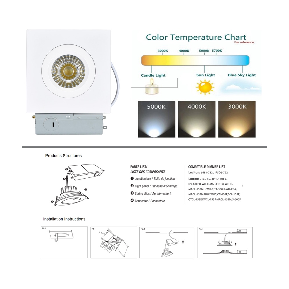 Foco empotrable LED COB con cardán cuadrado regulable de 4' con caja de conexiones 120V Clasificación ETL con clasificación IC