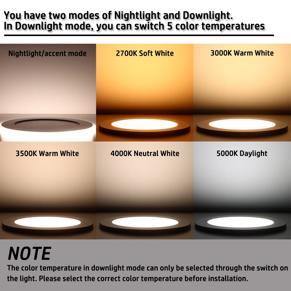 4in 6in Color redondo cambiable 5CCT 2700K/3000K/3500K/4000k/5000k+luz nocturna 2700K Downlight LED empotrado regulable regulable con caja de conexiones Clasificación IC con certificación ETL