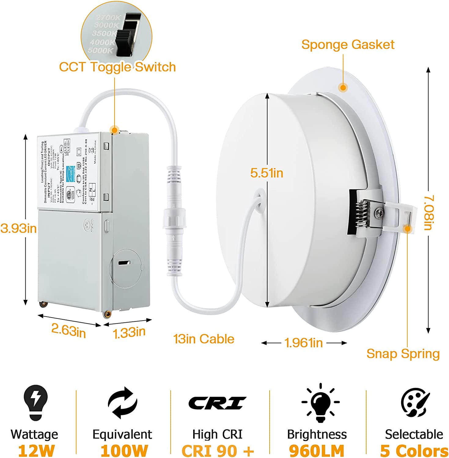 Luces de panel de cardán LED húmedas 3CCT con control remoto de 4 pulgadas 2.4G con caja de conexiones Iluminación de techo con clasificación IC regulable ETL Energy Star listado YG002D9-R-2L-2.4G