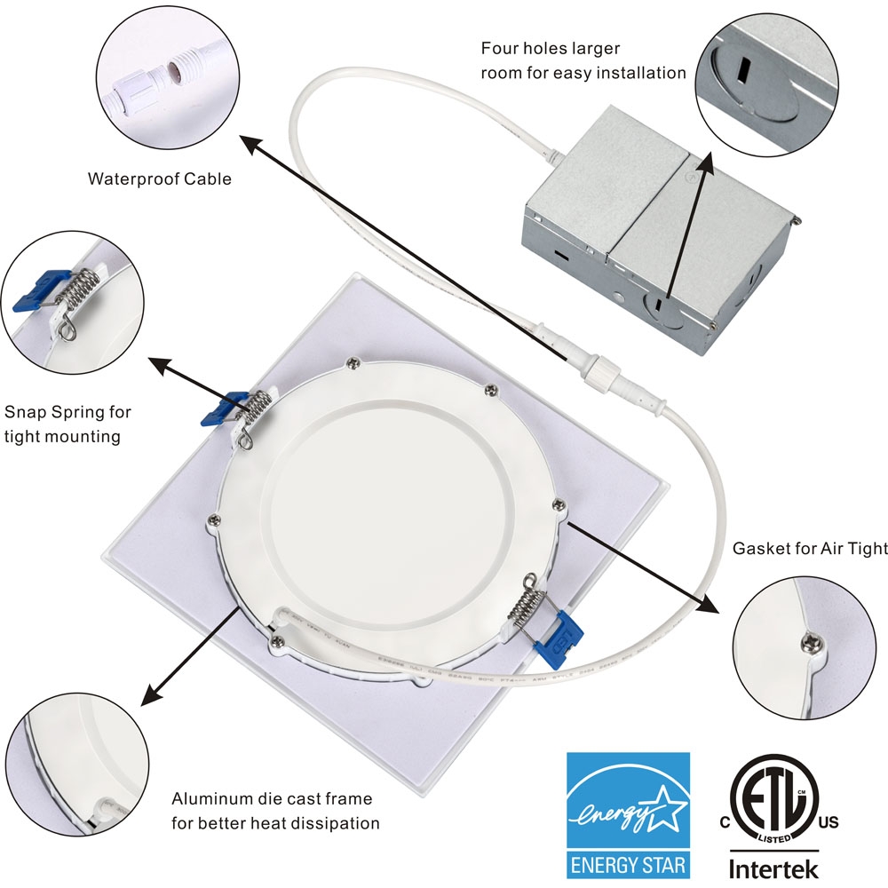 4in 6in ETL listado IC clasificado cuadrado 3000K/4000K/5000K/6000K/3CCT/5CCT Downlight LED empotrado regulable seleccionable 