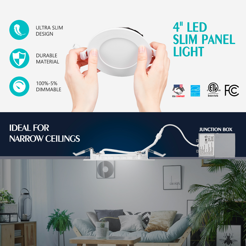 3in 4in 6in 3CCT ETL Energy Star listado LED Downlights empotrados delgados con caja de conexiones Panel de luz delgado empotrado en techo con clasificación IC regulable para ubicación HÚMEDA