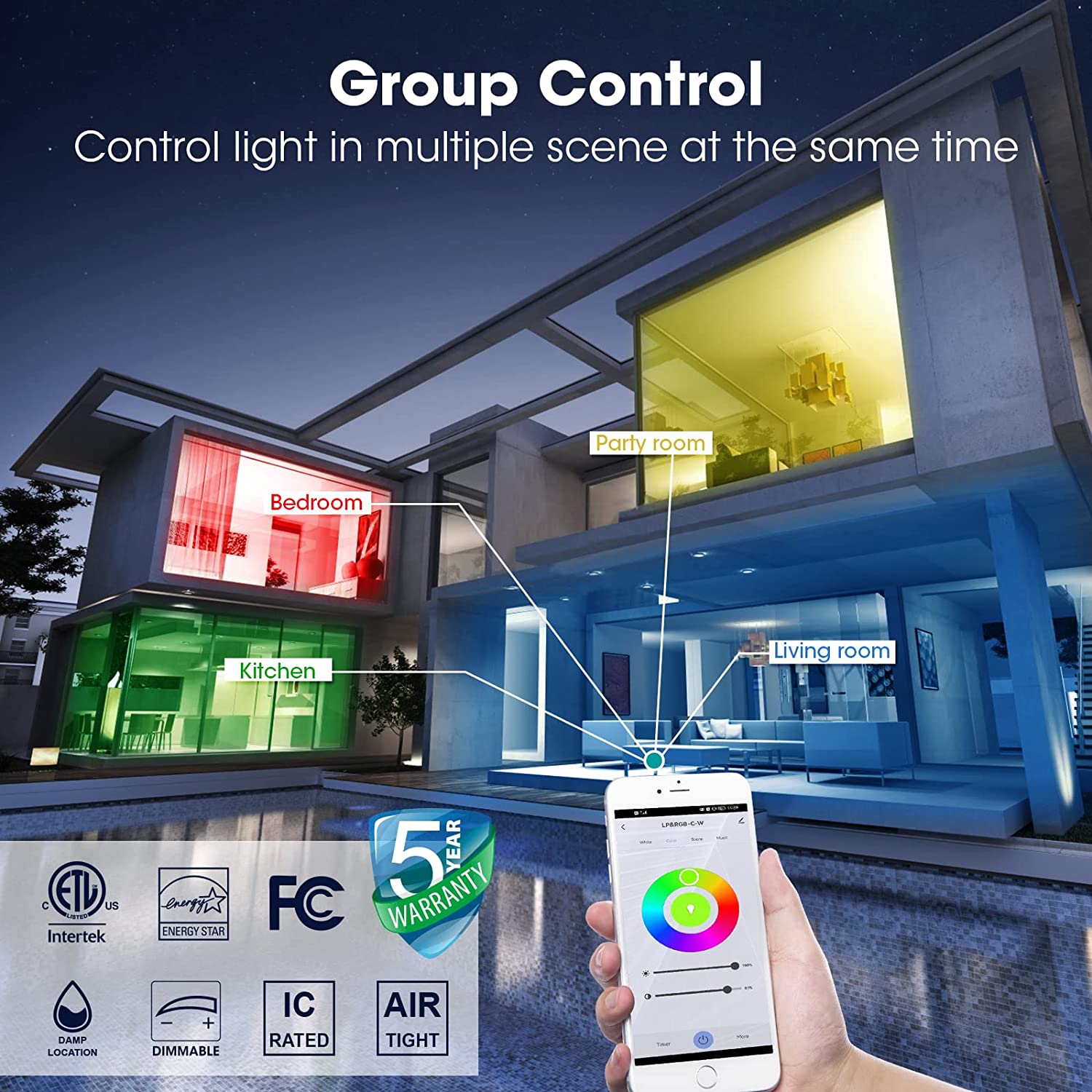 4 '' Smart WIFI RGBCW WET LED Downlights empotrados delgados con caja de conexiones Iluminación de techo con clasificación IC regulable ETL Energy Star listado YG008D9-R-5L-WIFI