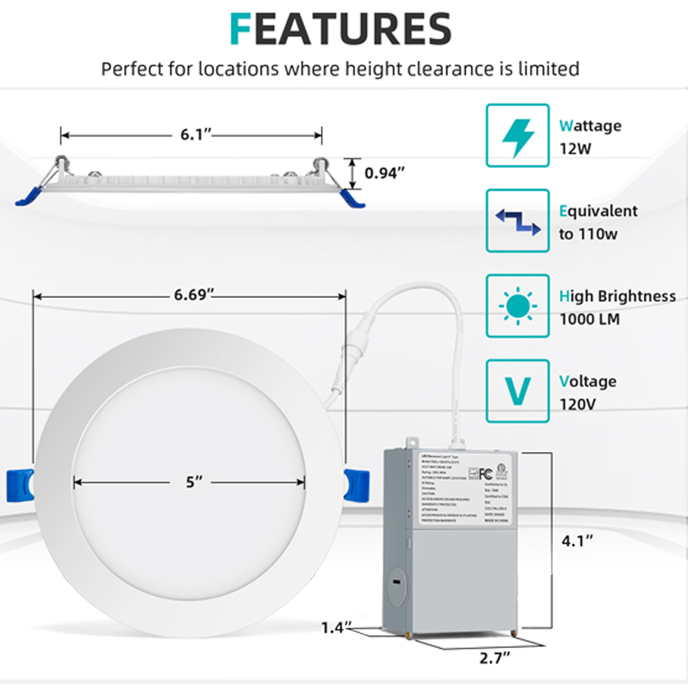 Downlights empotrables LED 3CCT de 6 pulgadas y 12 vatios con panel delgado de 1300 lm con certificación ETL Energy Star